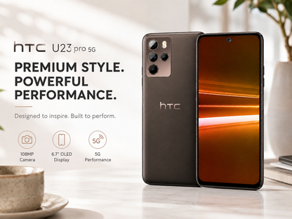 HTC U23 Pro 5G Black HTC smartphone showing back camera panel and amber-lit front display