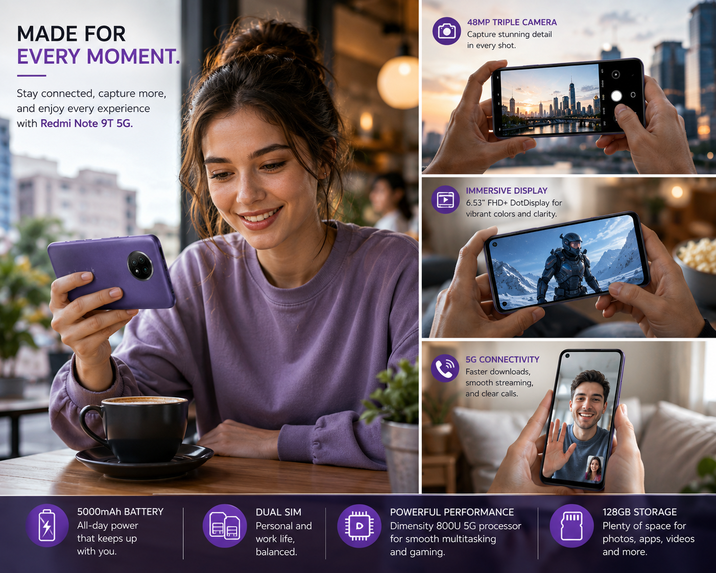 Xiaomi Redmi Note 9T Purple smartphone in hand, front screen visible, dual rear cameras on back.