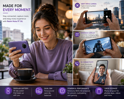 Xiaomi Redmi Note 9T Purple smartphone in hand, front screen visible, dual rear cameras on back.