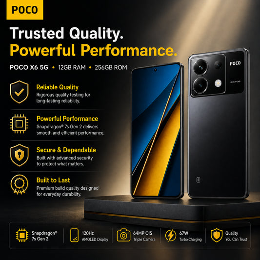 Black POCO X6 5G smartphone front and back with blue/yellow diagonal screen