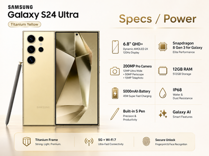 Samsung Galaxy S24 Ultra smartphone in Titanium Yellow, front and back views, includes S Pen.