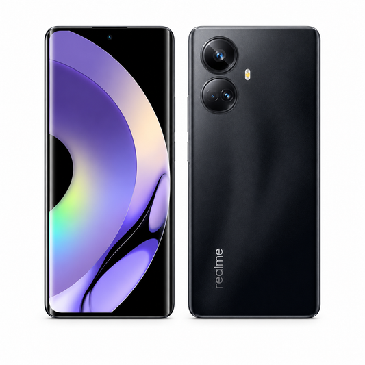 Realme 10 Pro 5G Black Realme smartphone front and back, dual camera module on back.
