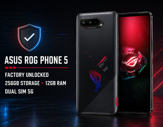 Asus ROG Phone 5 Phantom Black 5G gaming smartphone, back and front with dual rear camera module