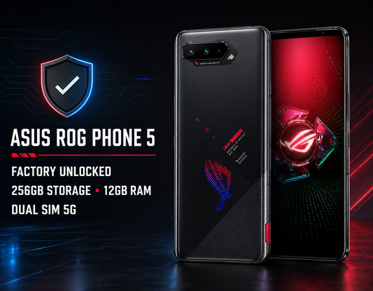Asus ROG Phone 5 Phantom Black 5G gaming smartphone, back and front with dual rear camera module