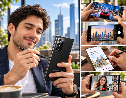 Samsung Galaxy Note 20 Ultra 5G Unlocked smartphone held in hand with S Pen, front screen and selfie video view