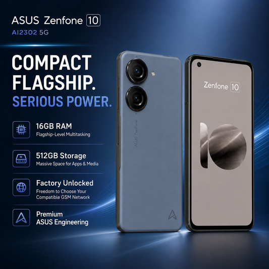Asus Zenfone 10 AI2302 5G Blue smartphone front and back view with dual rear cameras and glass display