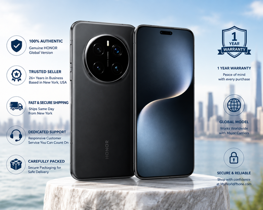 Black HONOR smartphone showing front display and back with triple camera lenses
