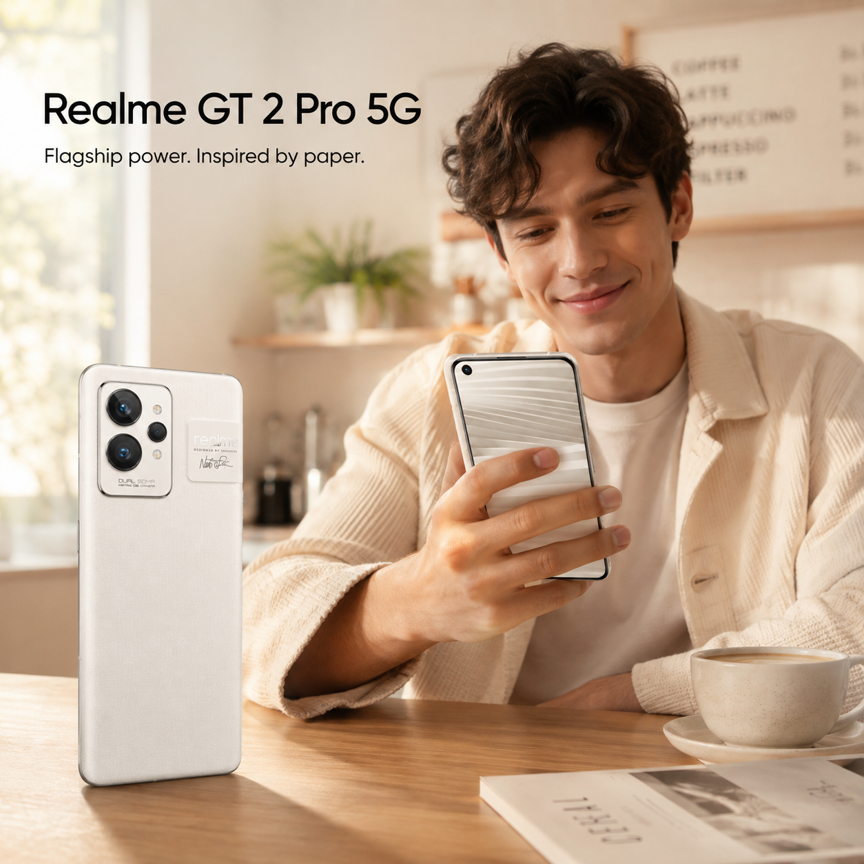 Realme GT 2 Pro 5G Paper White smartphone with dual rear cameras, held in hand with lit screen
