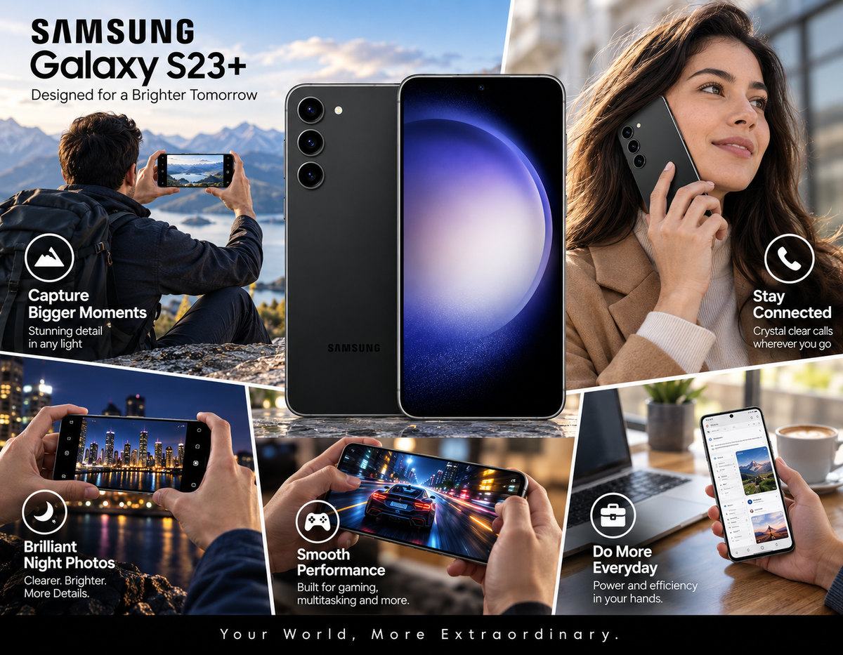 Samsung Galaxy S23+ black smartphone with front display and rear cameras in hand