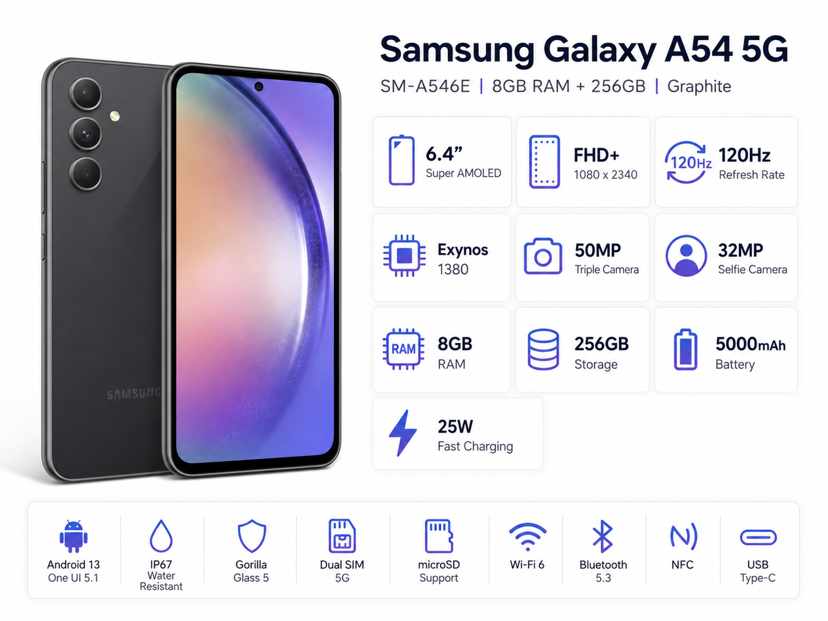 Graphite Samsung Galaxy A54 5G smartphone front view with dual rear camera module
