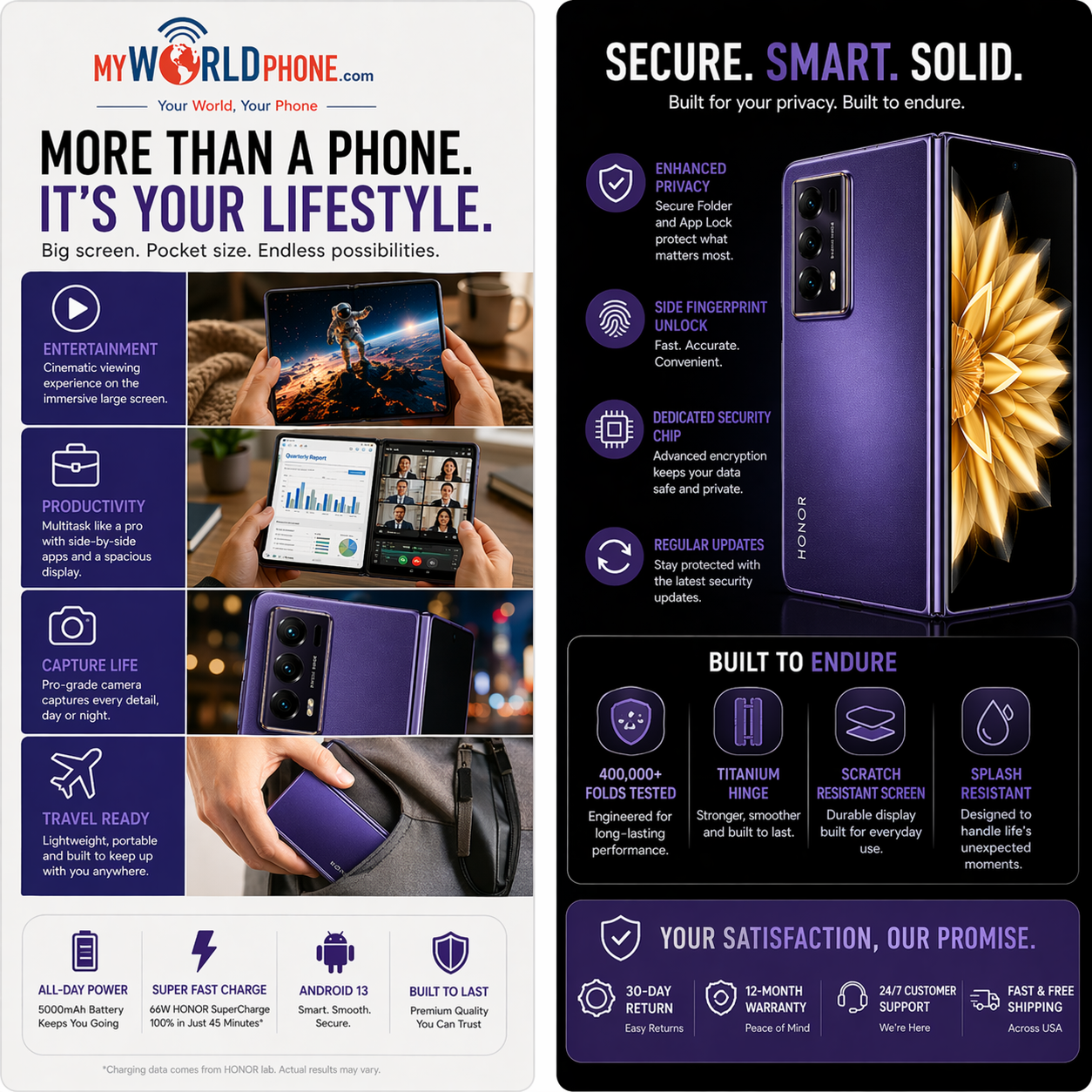 Honor Magic V2 Standard Edition 5G Dual SIM 512GB ROM 16GB RAM GSM Unlocked - Purple