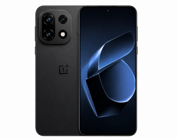 Black OnePlus 15 5G smartphone pair: back and front with blue display.