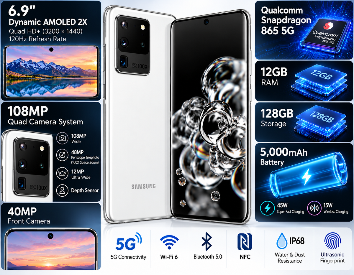 Samsung Galaxy S20 Ultra 5G smartphone with white back and black front, camera array