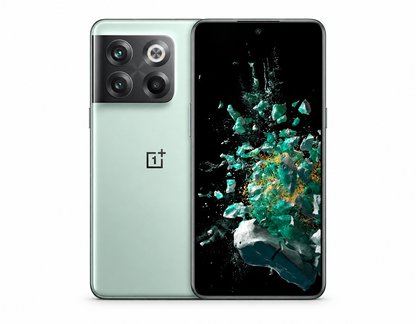 OnePlus 10T 5G Jade green OnePlus smartphone with dual rear cameras and front display, front and back view