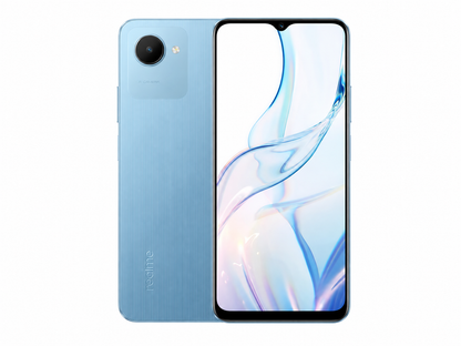 Realme C30s  Blue Realme smartphone front and back view, dual camera, slim profile
