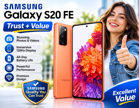 Orange Samsung Galaxy S20 FE smartphone beside a smiling woman giving a thumbs-up.