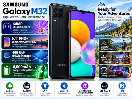 Samsung Galaxy M32 Black Samsung smartphone front view with vivid abstract display