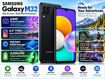 Samsung Galaxy M32 Black Samsung smartphone front view with vivid abstract display