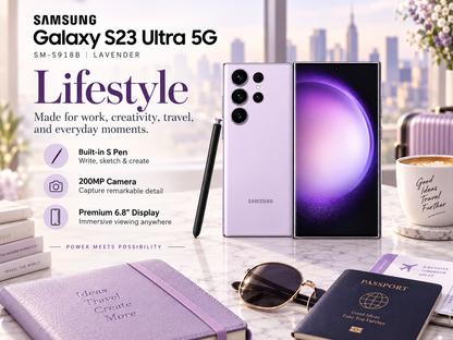 Lavender Samsung Galaxy S23 Ultra 5G phone with S Pen on desk