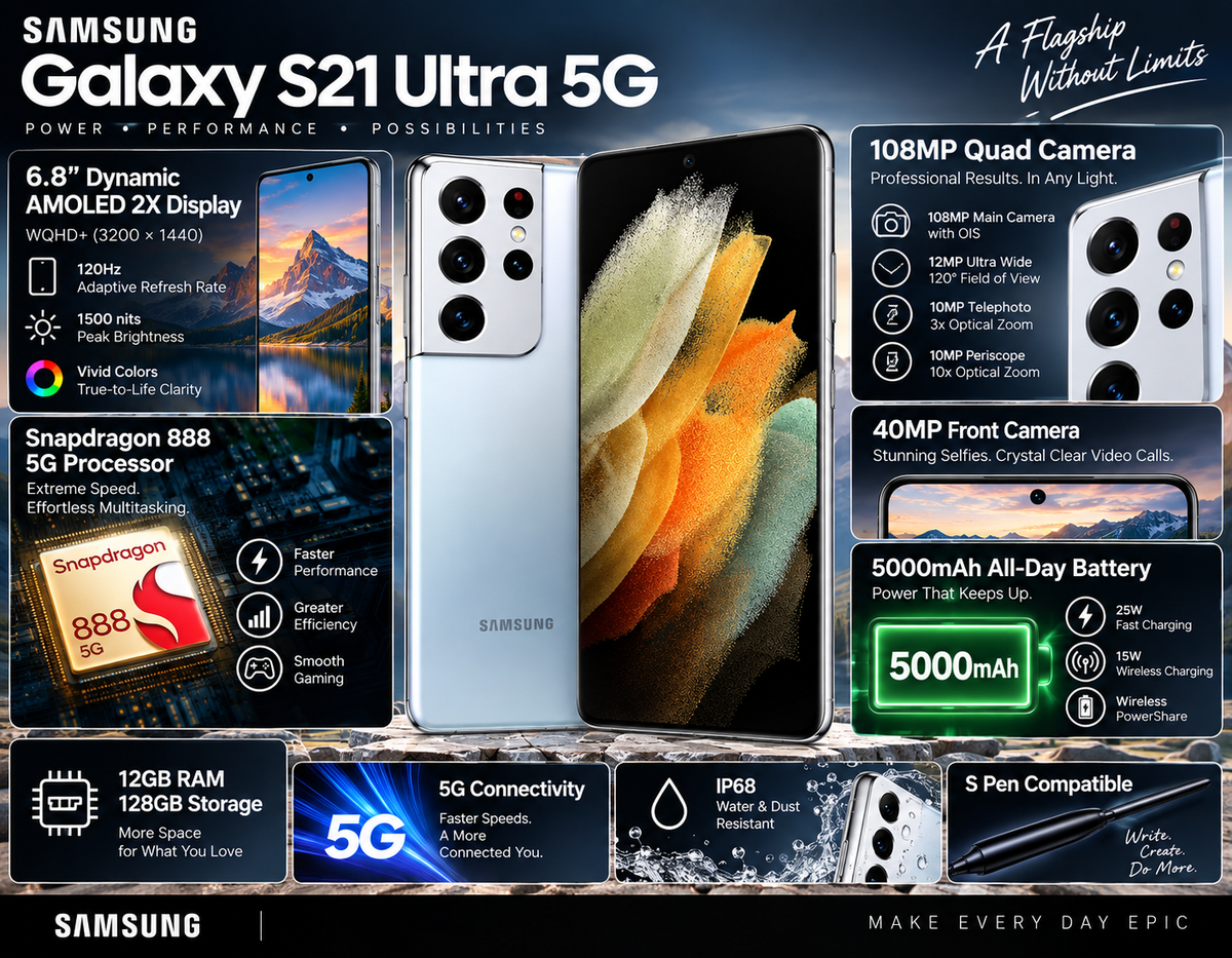 Silver Samsung Galaxy S21 Ultra 5G smartphone front and back, large display visible.