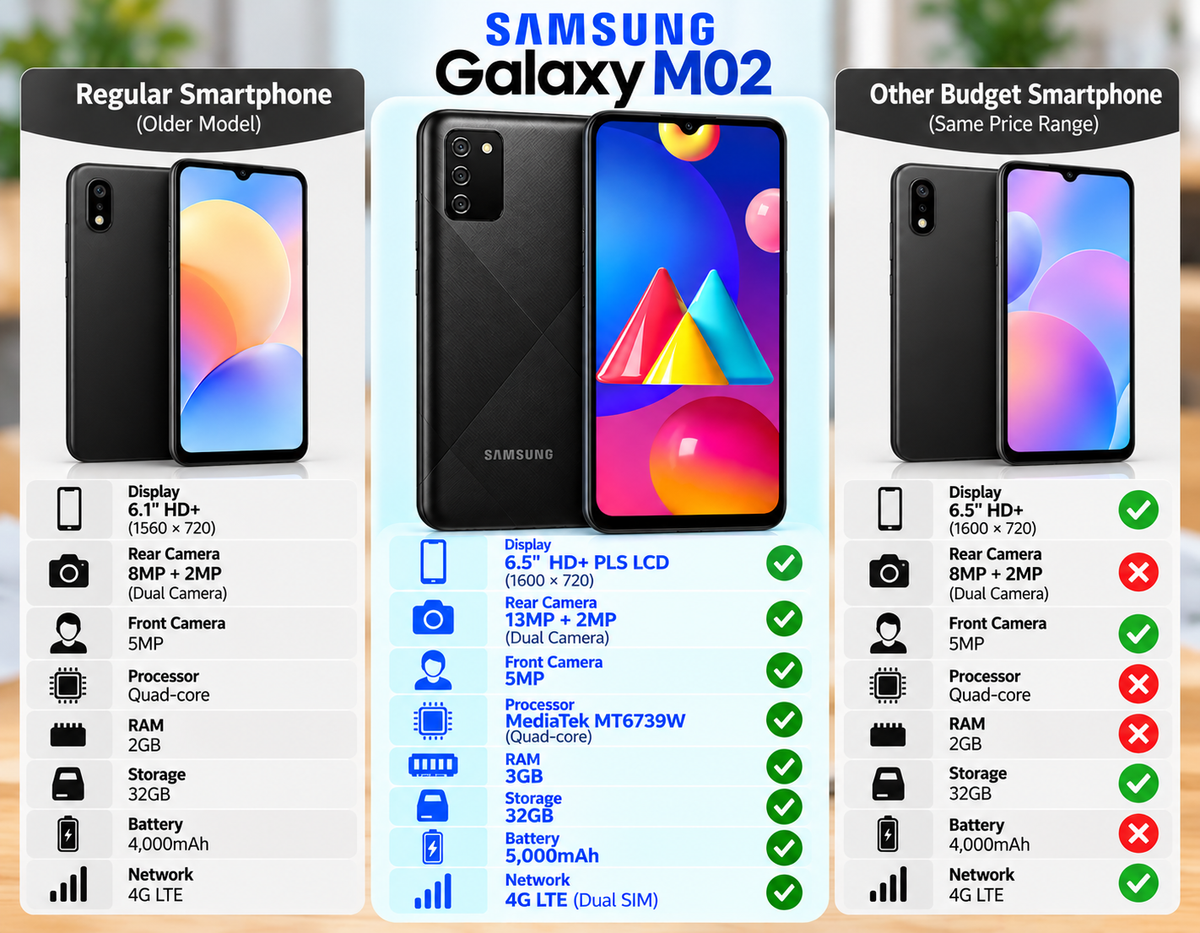 Black Samsung Galaxy M02s smartphone shown with multiple front and back views