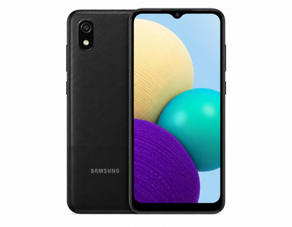 Black Samsung Galaxy A03 Core smartphone with front and back view
