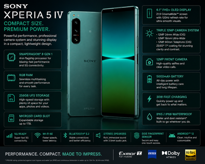 Green Sony Xperia 5 IV smartphone front and back, angled view with cameras visible