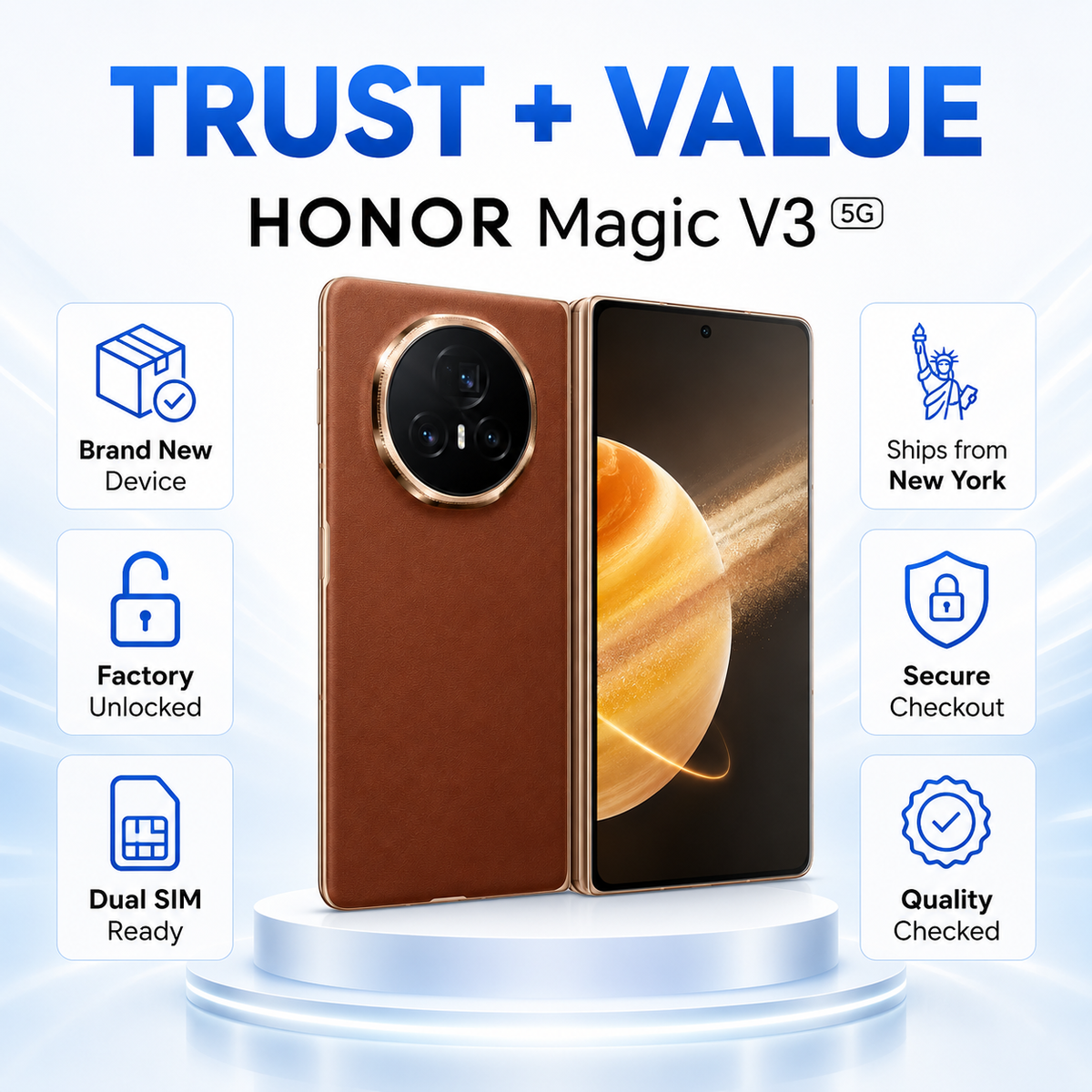 Brown foldable smartphone with dual panels, open view and circular camera module.