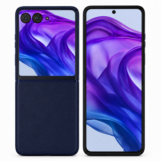 Close-up of blue foldable smartphone with open front screen and closed back panel