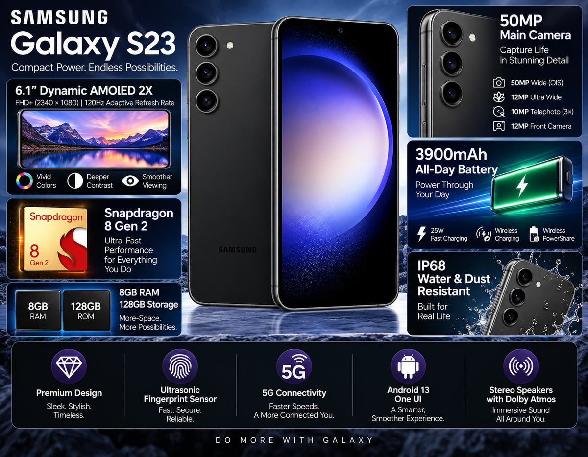Black Samsung Galaxy S23 5G smartphone with front screen and rear triple cameras