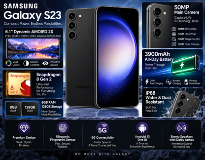 Black Samsung Galaxy S23 5G smartphone with front screen and rear triple cameras