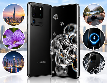 Samsung Galaxy S20 Ultra 5G smartphone, cosmic black back and front with circular insets