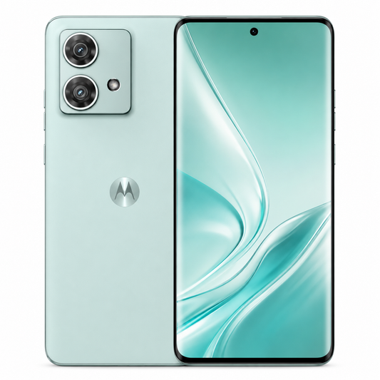 Mint green Motorola smartphone with dual rear cameras and edge-to-edge front display