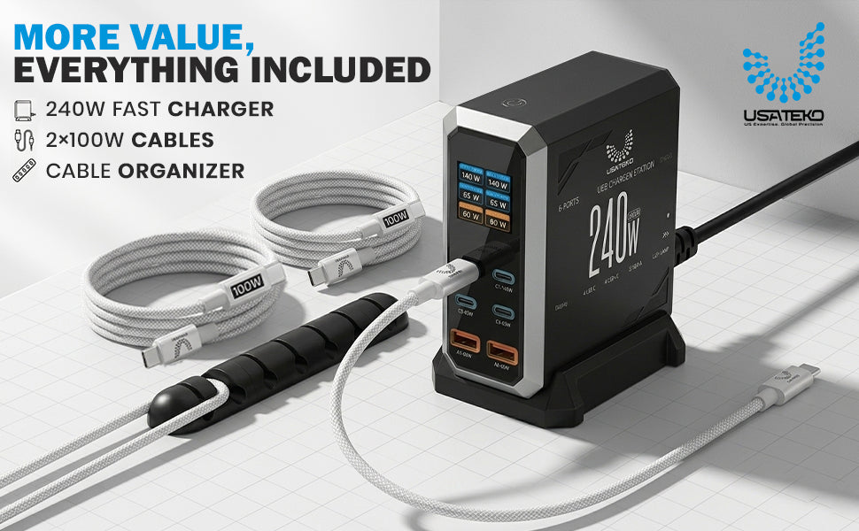 USATEKO 240W GaN 6-Port USB Charging Station with 140W USB-C and 2× 100W Cables