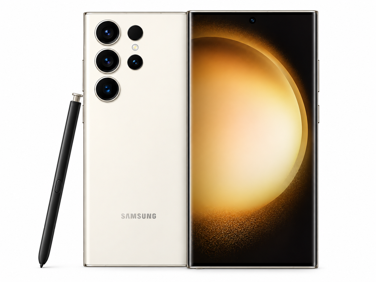 Cream Samsung Galaxy S23 Ultra 5G phone with S Pen and triple rear cameras