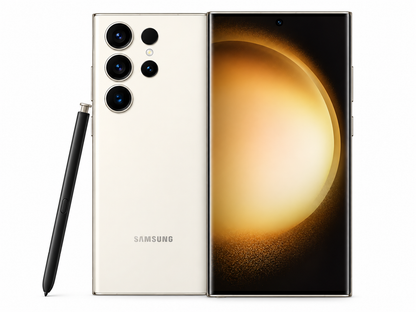 Cream Samsung Galaxy S23 Ultra 5G phone with S Pen and triple rear cameras