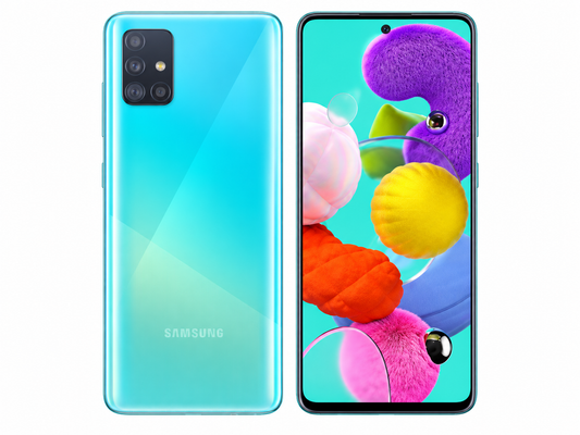 Samsung Galaxy A51 Prism Crush Blue smartphone with front and back, dual camera module visible