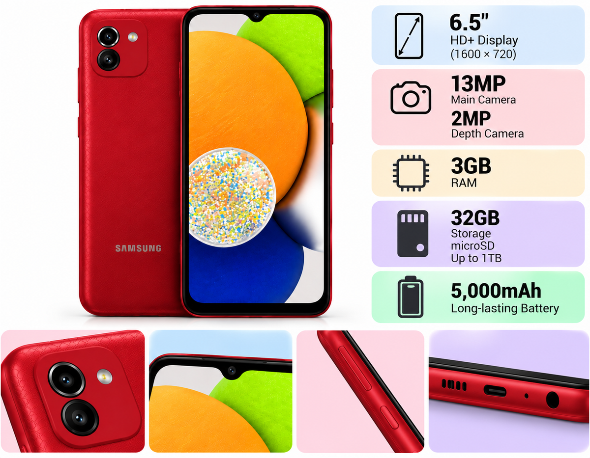 Samsung Galaxy A03 Red Samsung smartphone showing front display and back cameras, with side details.