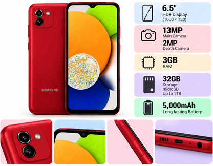 Samsung Galaxy A03 Red Samsung smartphone showing front display and back cameras, with side details.