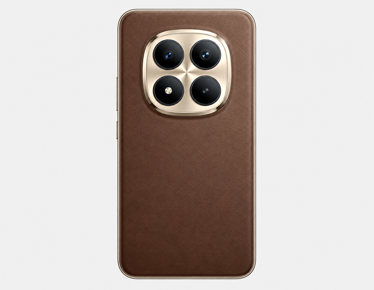 Xiaomi Redmi Note 15 Pro Plus 5G Brown smartphone back with centered quad-camera array in circular metal ring.