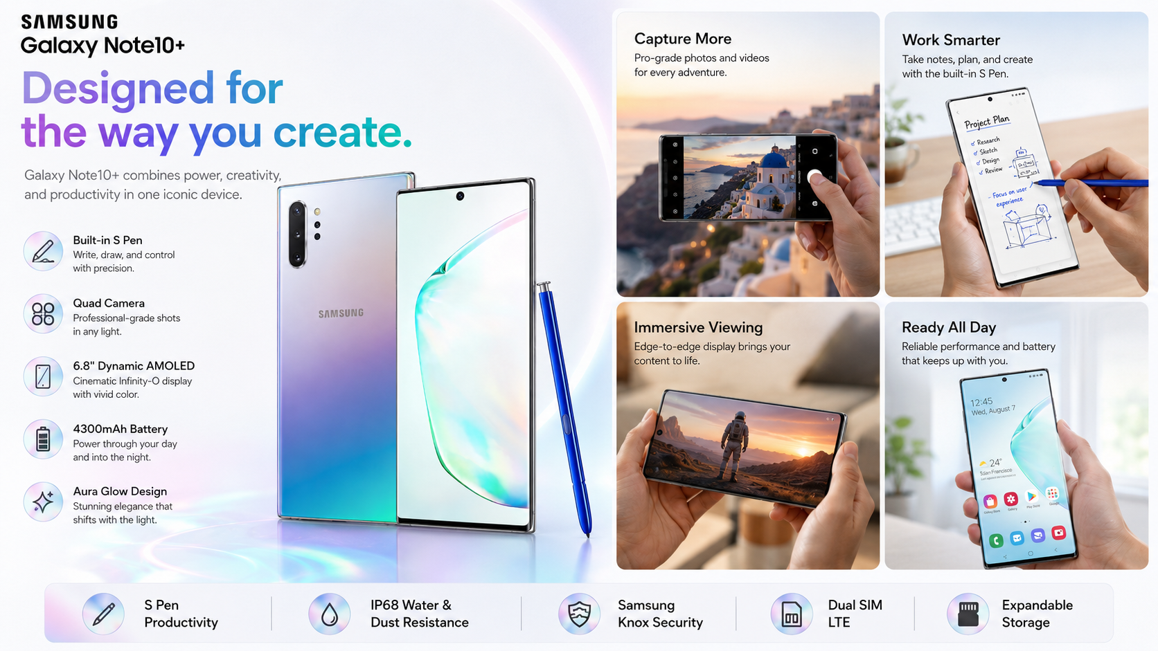 Samsung Galaxy Note 10+ smartphone with Aura Glow back and front plus blue S Pen