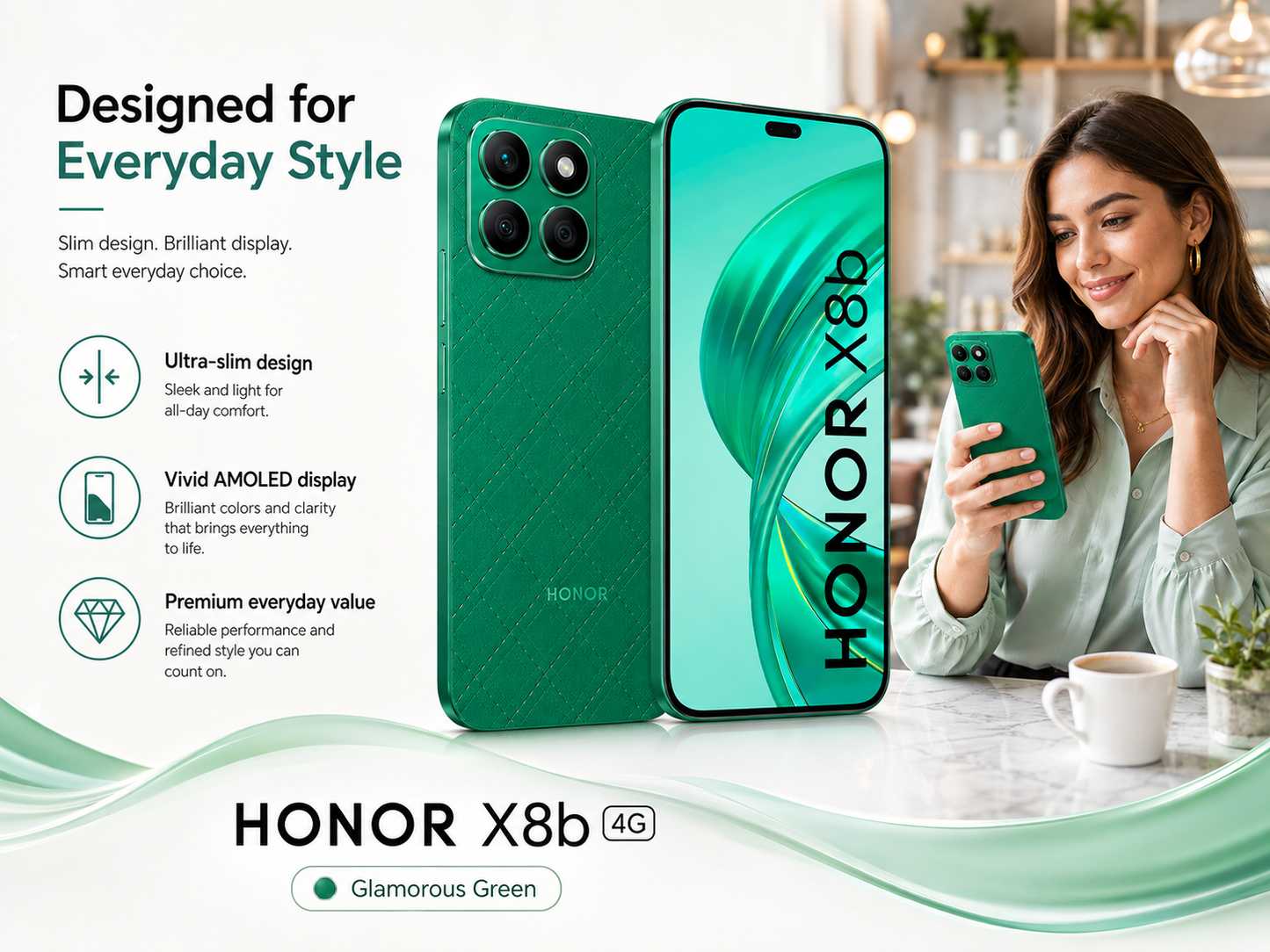 Green smartphone with large display and quad rear cameras in glam finish
