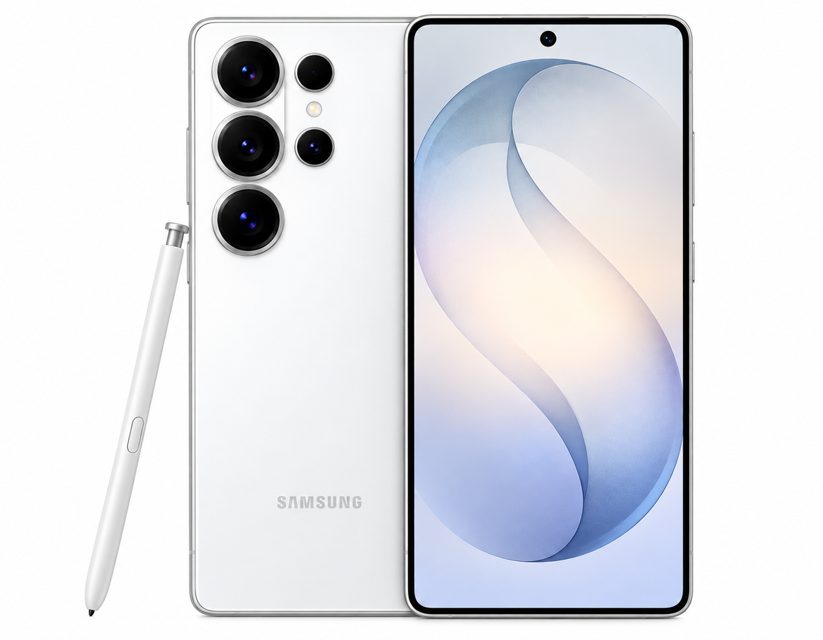Samsung Galaxy S26 Ultra 5G White Samsung Galaxy phone front and back with S Pen, triple rear cameras
