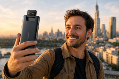 Asus Zenfone 8 Flip Black smartphone held for a selfie, showing rear triple camera module