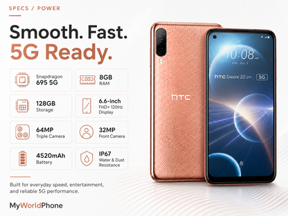 HTC U24 Pro 5G  Gold 5G smartphone with dual rear cameras and front screen displaying 10:08
