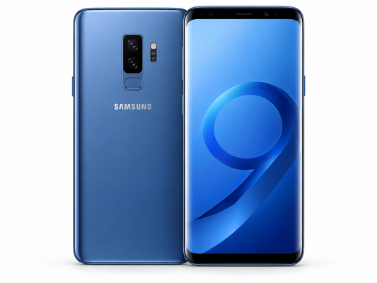 Blue Samsung Galaxy S9+ smartphone shown front and back