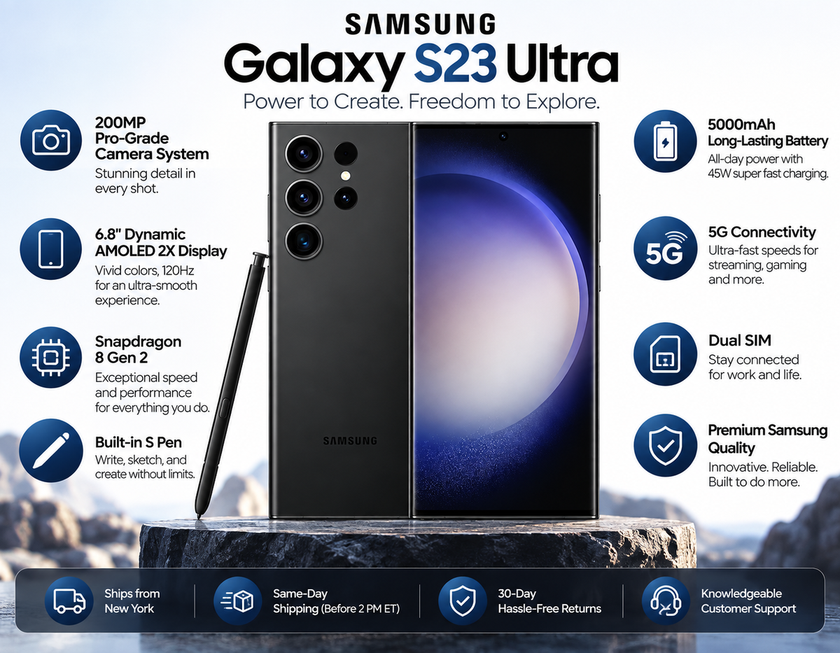 Samsung Galaxy S23 Ultra 5G Black Samsung smartphone with S Pen, showing front and rear