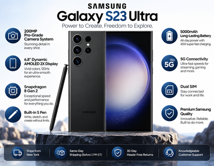 Samsung Galaxy S23 Ultra 5G Black Samsung smartphone with S Pen, showing front and rear