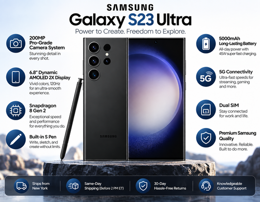 Samsung Galaxy S23 Ultra 5G Black Samsung smartphone with S Pen, showing front and rear