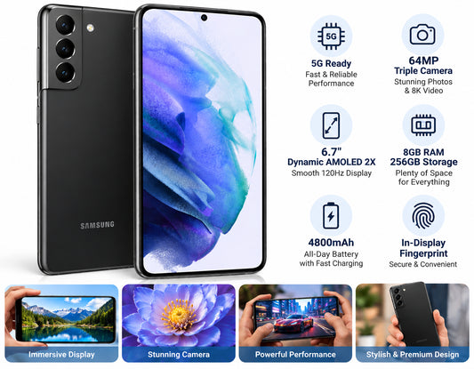 Samsung Galaxy S21 Plus smartphone with screen visible and spec icons around it